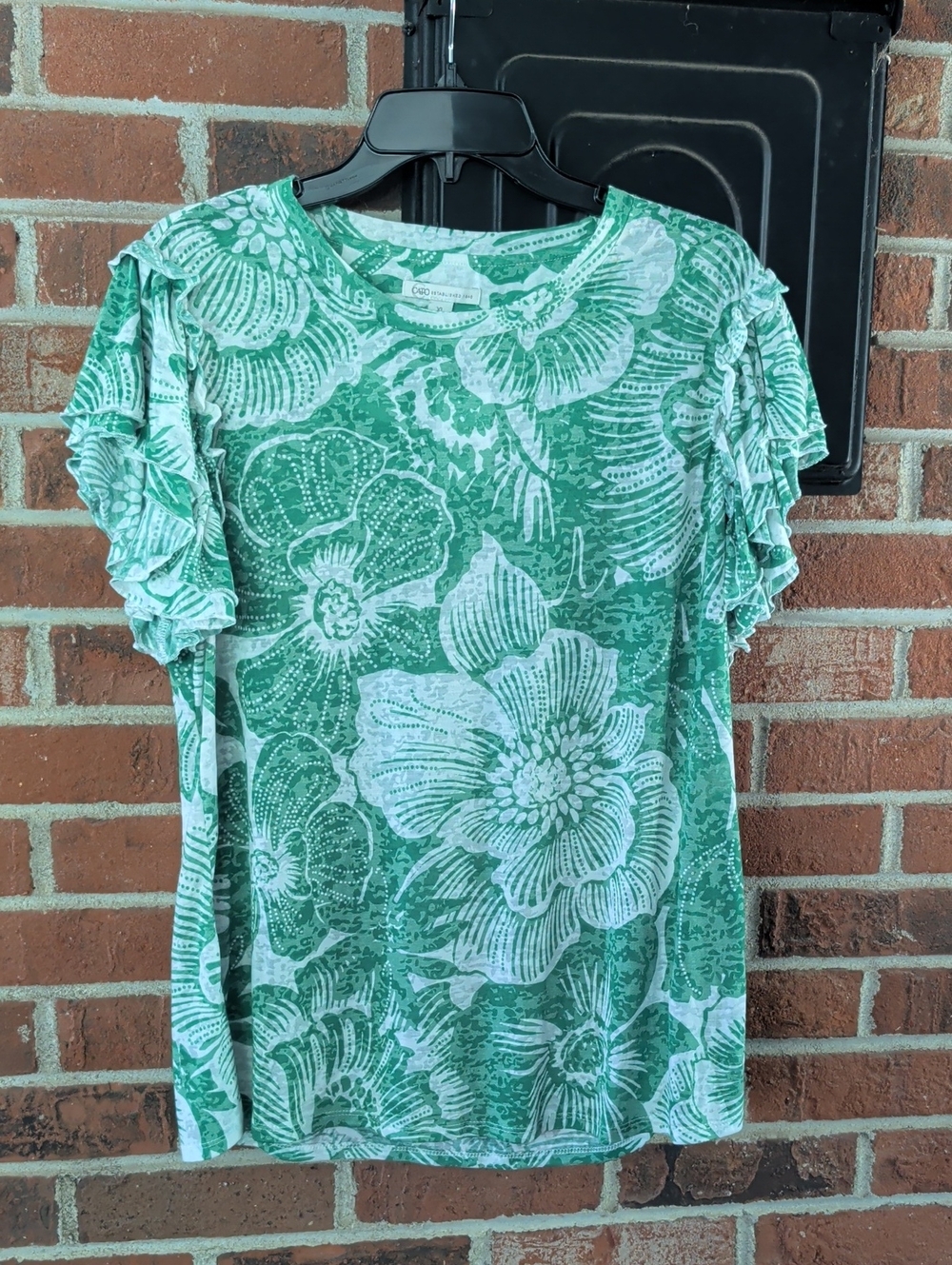 Cato Green and White Floral Ruffle Sleeve Top Size XL